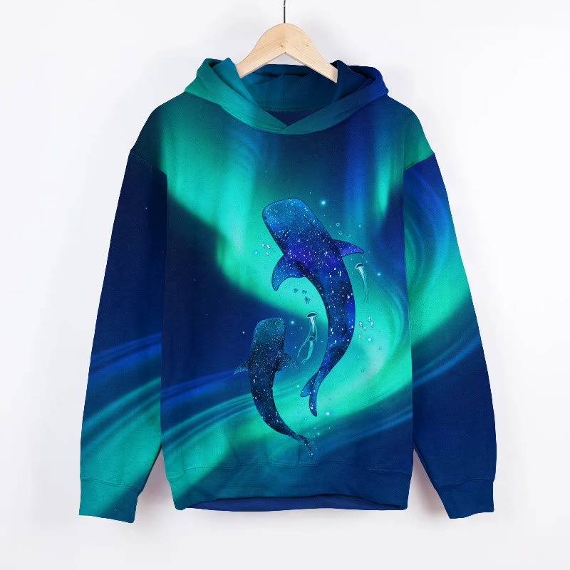 Unisex Dreamy Aurora Whale Ocean Art Print Long Sleeve Hoodie - Blue - US44-46(8XL) - image 2