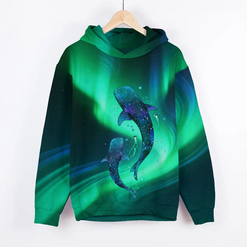 Unisex Dreamy Aurora Whale Ocean Art Print Long Sleeve Hoodie - Green - US44-46(8XL) - image 1
