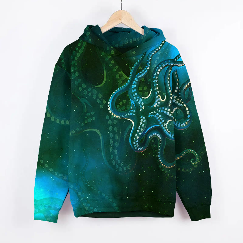 Unisex Aurora Glow Octopus Ocean Art Print Long Sleeve Hoodie - Green - US44-46(8XL) - image 2