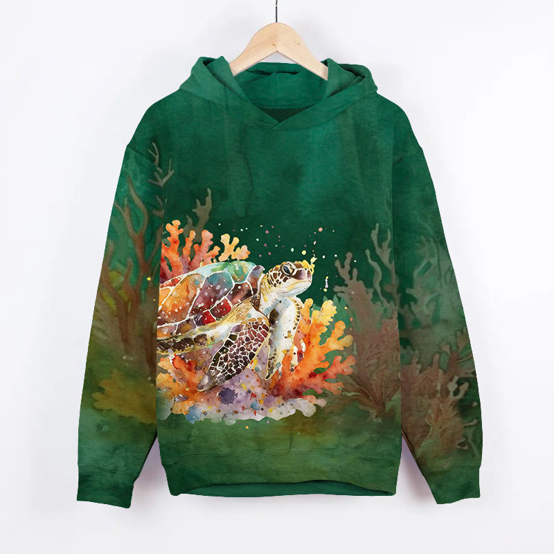 Unisex Underwater Coral And Sea Turtle Art Print Long Sleeve Hoodie - Green - US44-46(8XL) - image 1
