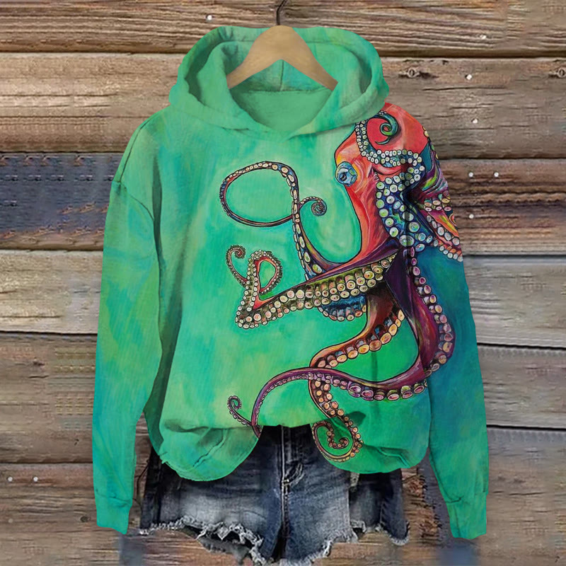 Vibrant Colorful Octopus Art  Pattern Long Sleeved Hoodie - Green - US44-46(8XL) - image 1