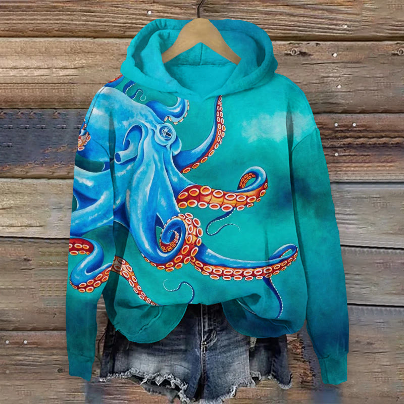 Marine Octopus Art  Pattern Long Sleeved Hoodie - Blue - US44-46(8XL) - image 1