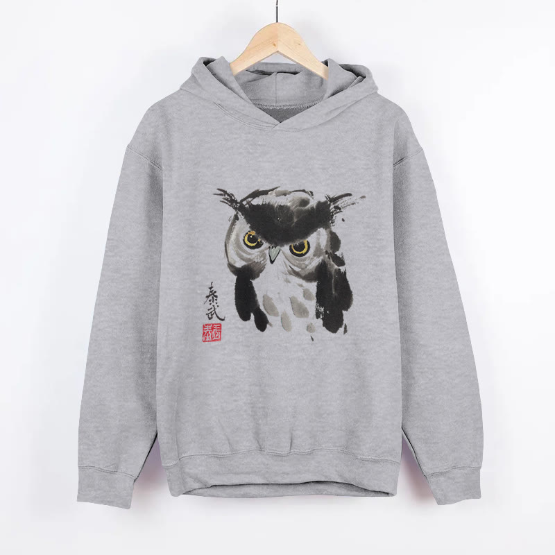 Unisex Japanese-style Owl Pattern Long Sleeved Hoodie - Grey - US44-46(8XL) - image 2