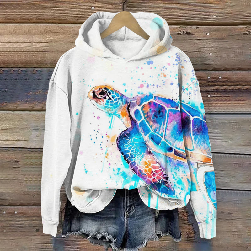Watercolor Turtle Art  Pattern Long Sleeved Hoodie - White - US44-46(8XL) - image 1
