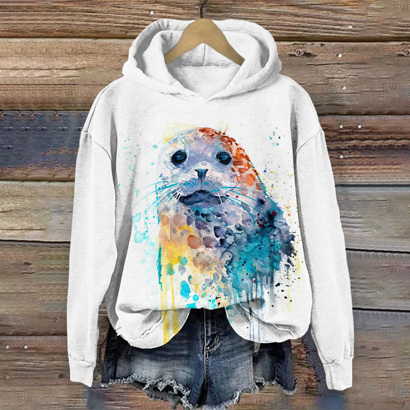 Seal Portrait Art Pattern Long Sleeved Hoodie - White - US44-46(8XL) - image 1