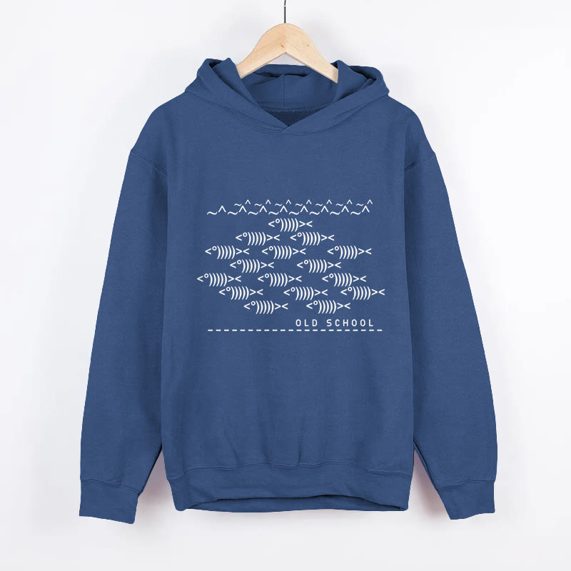 Unisex Old School Fish Geek Print Long Sleeved Hoodie - Dark Blue - US44-46(8XL) - image 1