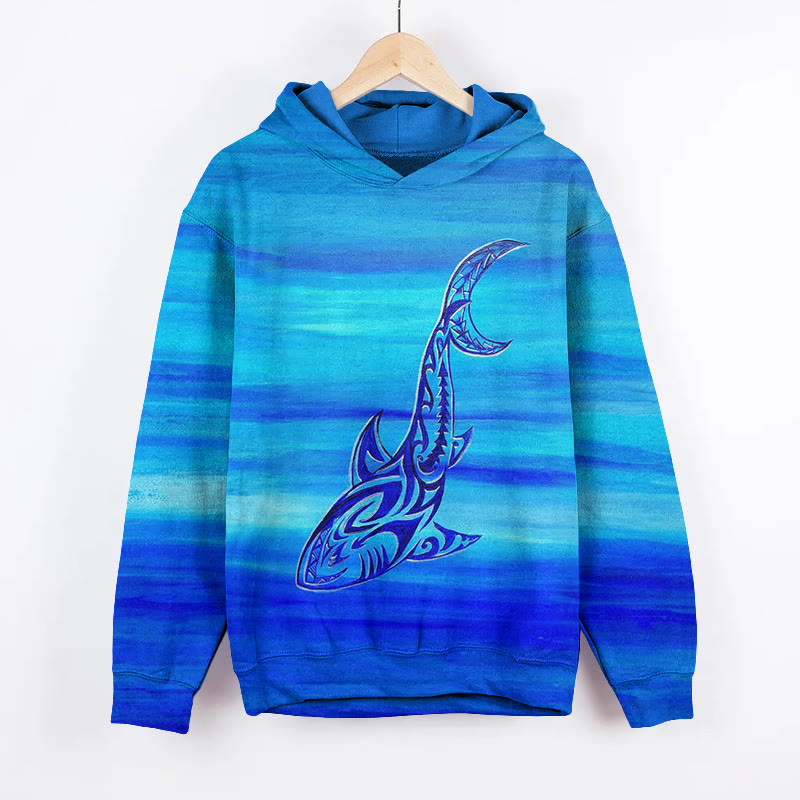 Unisex Whale Pattern Print Long Sleeved Hoodie - Blue - US44-46(8XL) - image 1