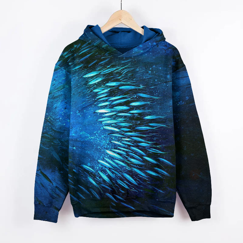 Unisex Cluster Of Fish Print Long Sleeved Hoodie - Blue - US44-46(8XL) - image 1