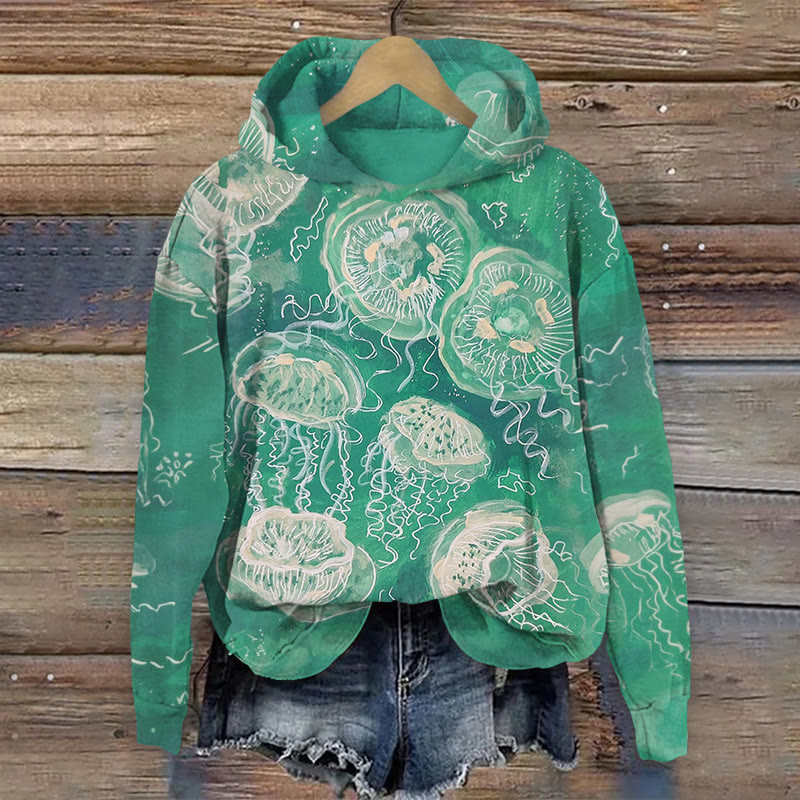 Jellyfish Watercolor Print Long Sleeved Hoodie - Green - US44-46(8XL) - image 1
