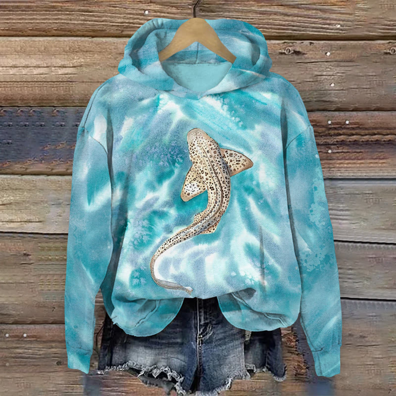 Underwater Shark Watercolor Print Long Sleeved Hoodie - Lake Blue - US44-46(8XL) - image 1