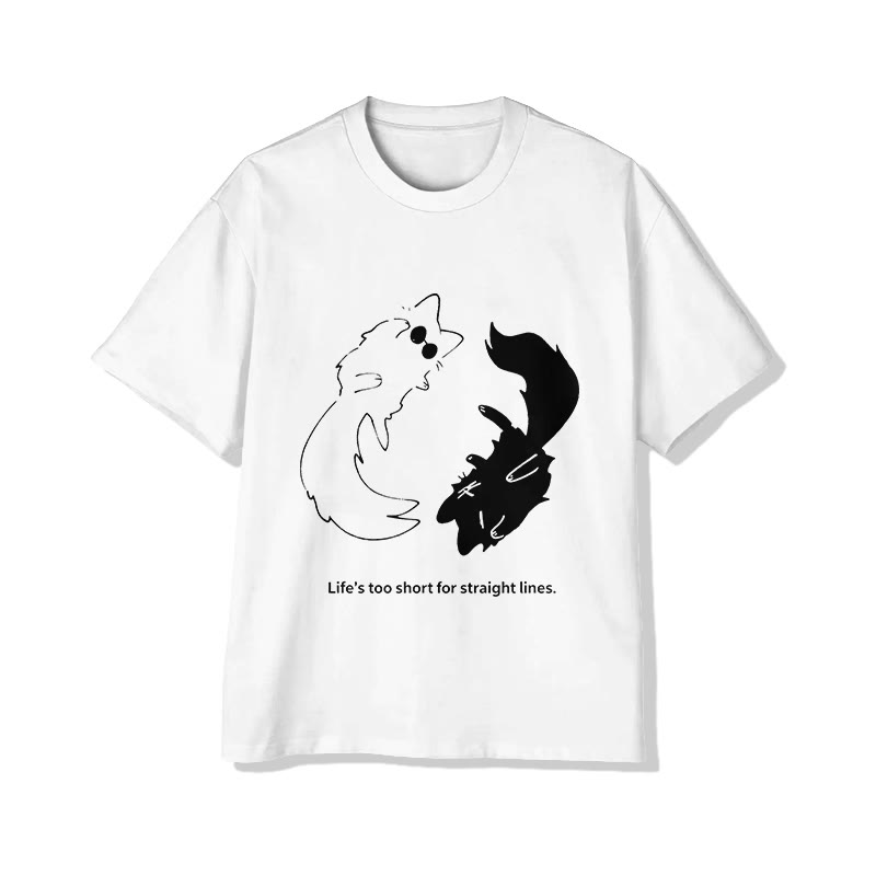 Unisex Cat Contemplating Life Pattern Short Sleeved Crew Neck T-Shirt - White - 2XL - image 1