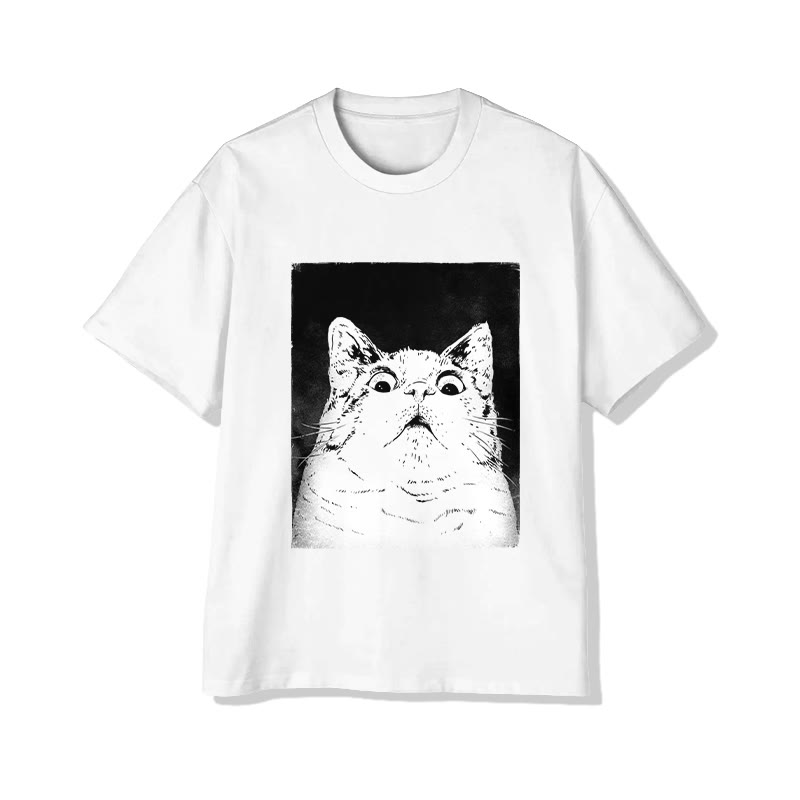 Unisex Terrified Cat Pattern Short Sleeved Crew Neck T-Shirt - White - 2XL - image 1