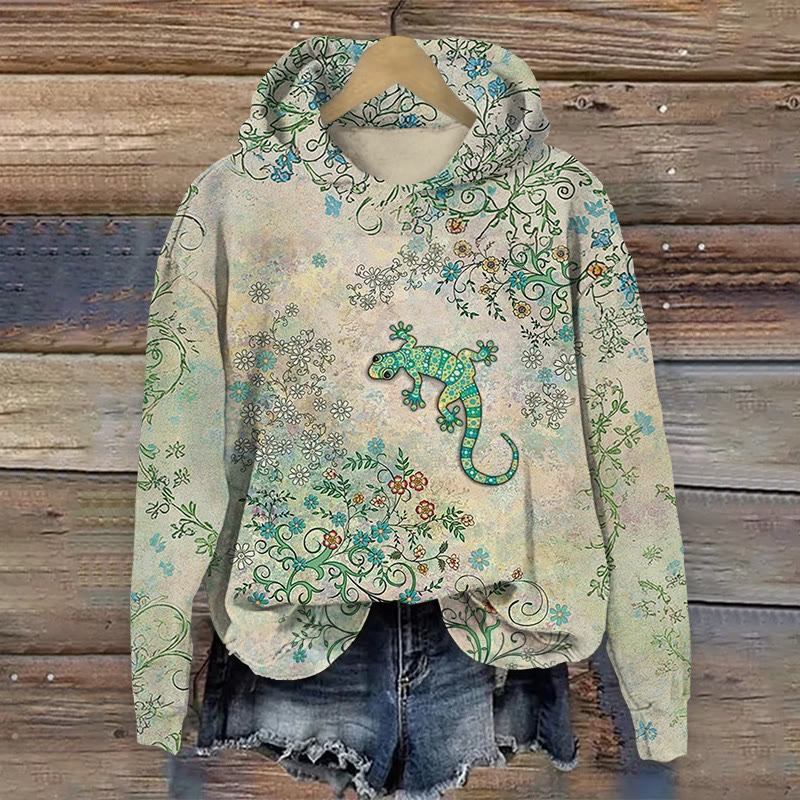 Floral Gecko Print Long Sleeved Hoodie - Green - US44-46(8XL) - image 1
