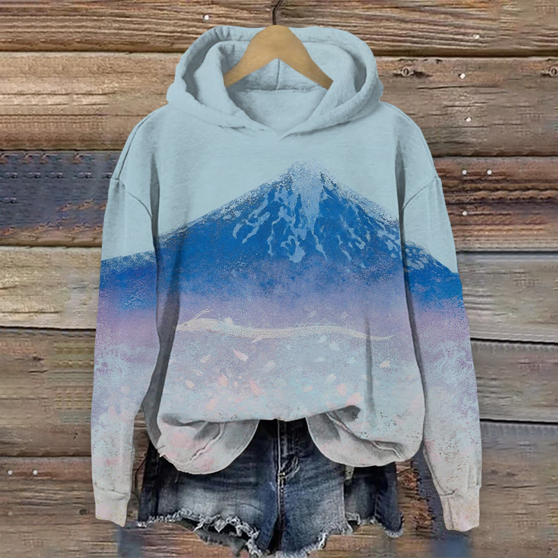 Mount Fuji Painting Print Long Sleeved Hoodie - Blue - US44-46(8XL) - image 1