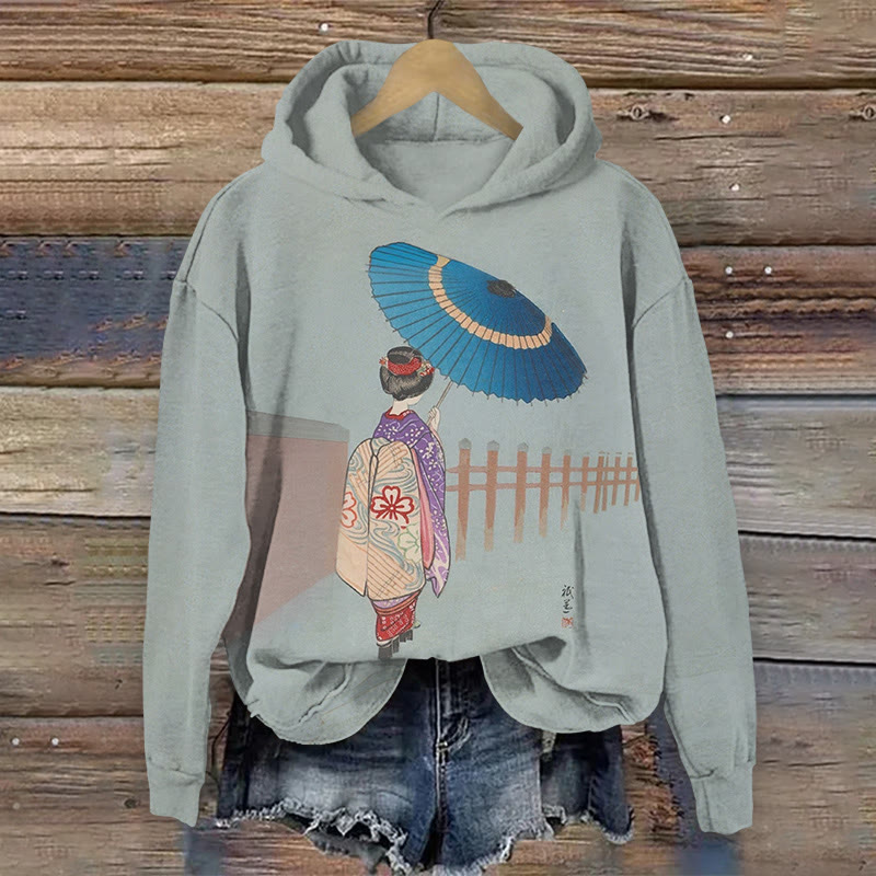 Japanese Geisha Art Print Long Sleeved Hoodie - Grey - US44-46(8XL) - image 1