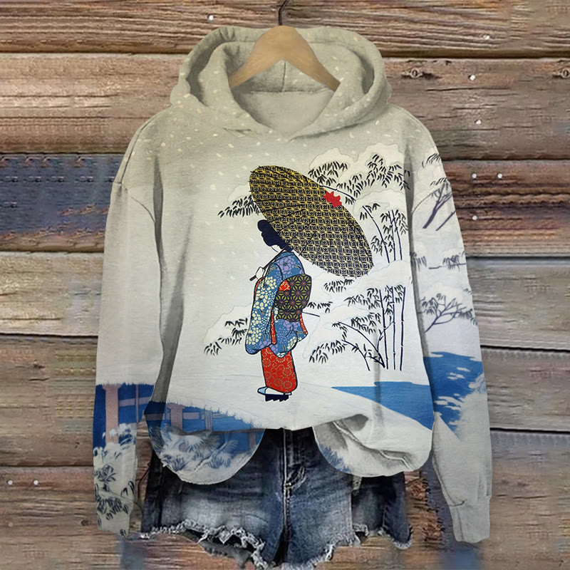 Japanese Geisha Painting Print Long Sleeved Hoodie - Apricot - US44-46(8XL) - image 1