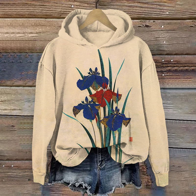 Japanese Art Floral Print Long Sleeved Hoodie - Apricot - US44-46(8XL) - image 1