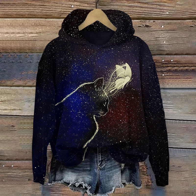 Dreamy Starry Sky Cat And Butterfly Print Long Sleeved Hoodie - Black - US44-46(8XL) - image 1