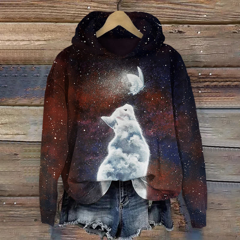 Fantasy Starry Cat Butterfly Print Long Sleeved Hoodie - Black - US44-46(8XL) - image 1