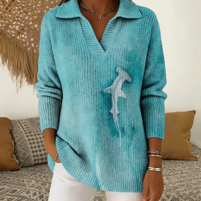 Hammerhead Shark Waters Art  Pattern Polo Collar Long Sleeved Sweater - Lake Blue - 5XL - image 1