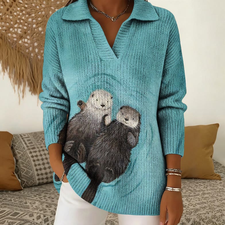 Otter Pair Water Texture  Art  Pattern Polo Collar Long Sleeved Sweater - Lake Blue - 5XL - image 1