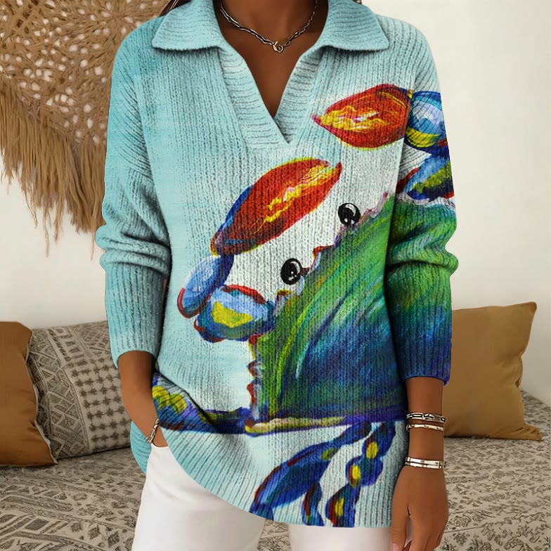 Ocean Crab Pattern Art Print Polo Collar Long Sleeved Sweater - Lake Blue - 5XL - image 1