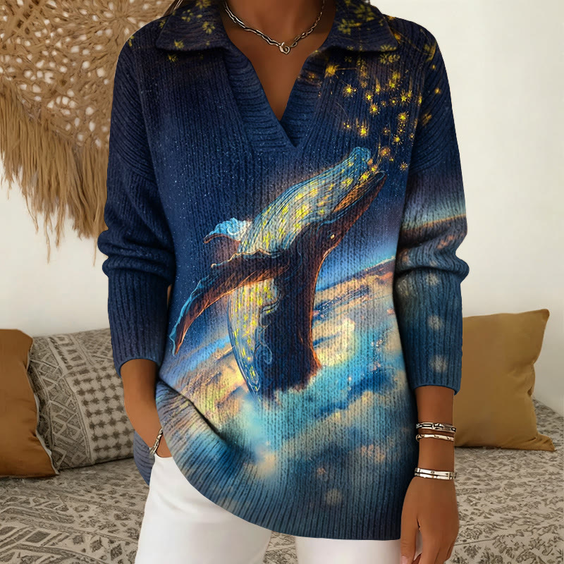 Deep Space Whale Shark Art Print Polo Collar Long Sleeved Sweater - Dark Blue - 5XL - image 1