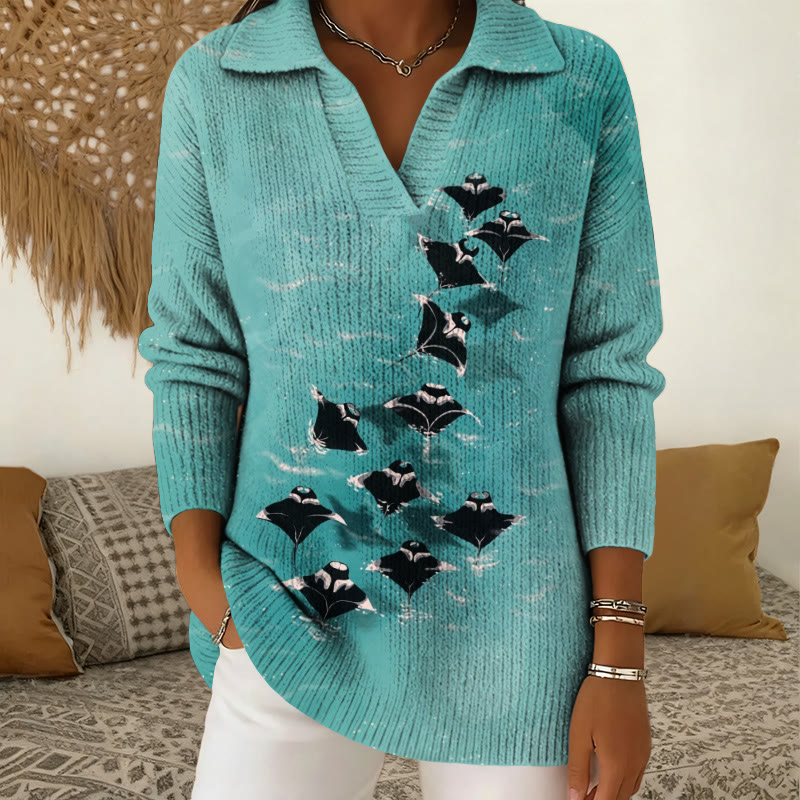 Manta Ray Underwater  Art Print Polo Collar Long Sleeved Sweater - Lake Blue - 5XL - image 1