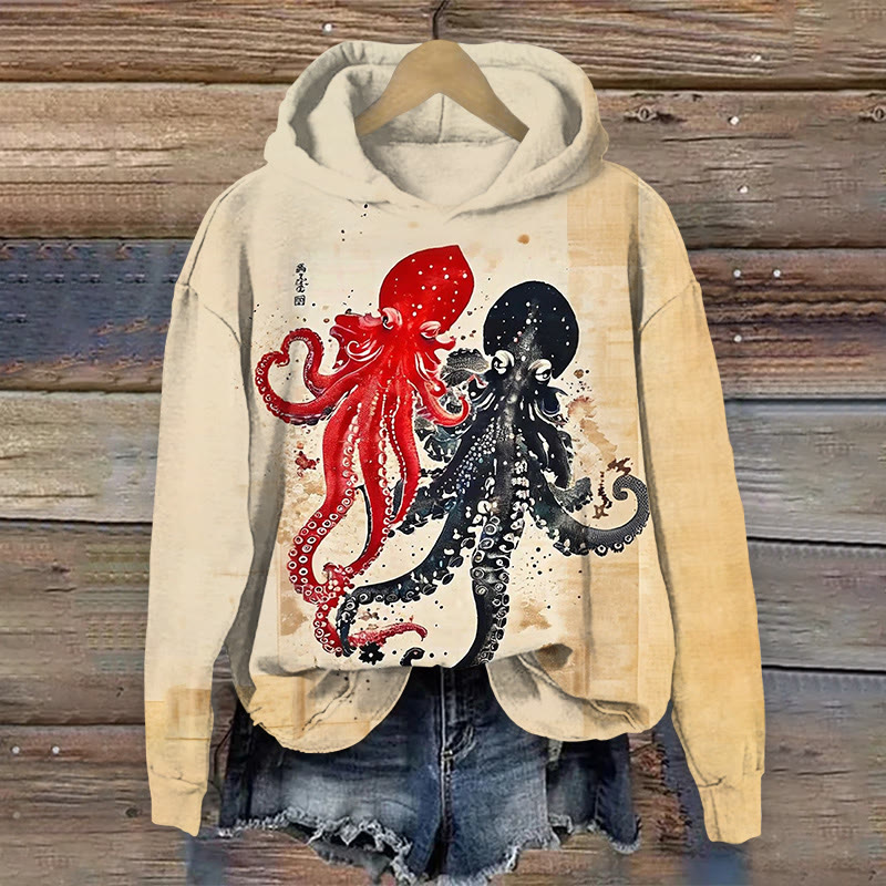 Retro Octopus Print Long Sleeved Hoodie - Khaki - US44-46(8XL) - image 1