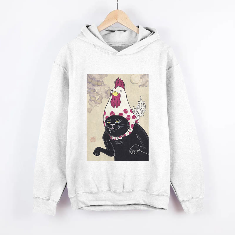 Unisex Cat And Rooster Hijinks Pattern Long Sleeved Hoodie - White - US44-46(8XL) - image 2