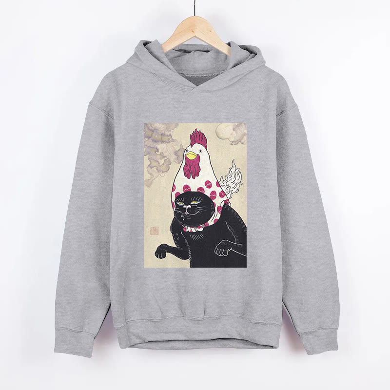 Unisex Cat And Rooster Hijinks Pattern Long Sleeved Hoodie - Grey - US44-46(8XL) - image 1