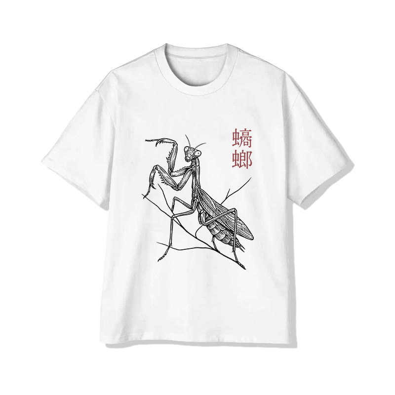 Unisex Vintage Mantis Pattern Short Sleeved Crew Neck T-Shirt - White - 2XL - image 2
