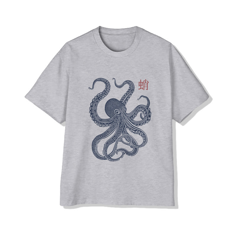 Unisex Japanese Octopus Pattern Short Sleeved Crew Neck T-Shirt - Grey - 2XL - image 2