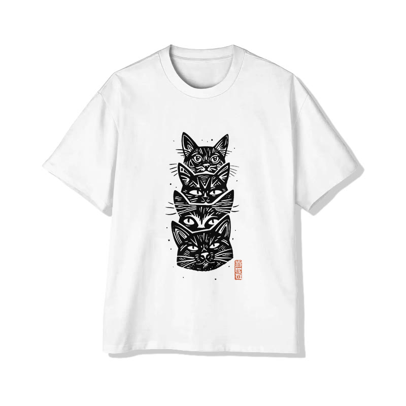 Unisex Japanese Style Stacked Cats Pattern Short Sleeved Crew Neck T-Shirt - White - 2XL - image 2