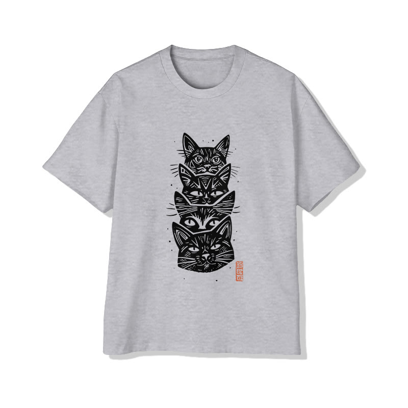 Unisex Japanese Style Stacked Cats Pattern Short Sleeved Crew Neck T-Shirt - Grey - 2XL - image 1