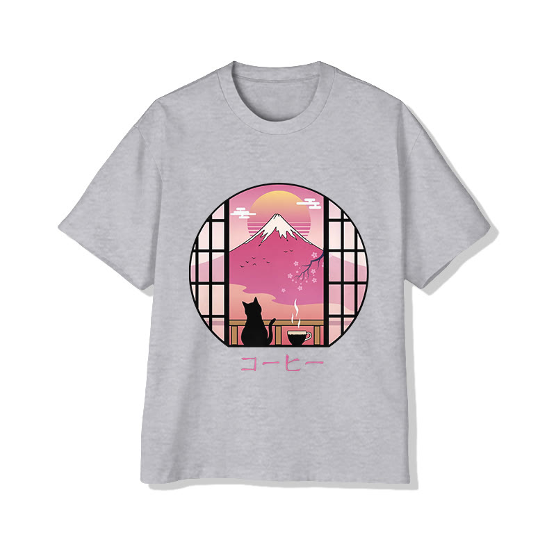 Unisex Japanese Style Cat Pattern Short Sleeved Crew Neck T-Shirt - Grey - 2XL - image 2