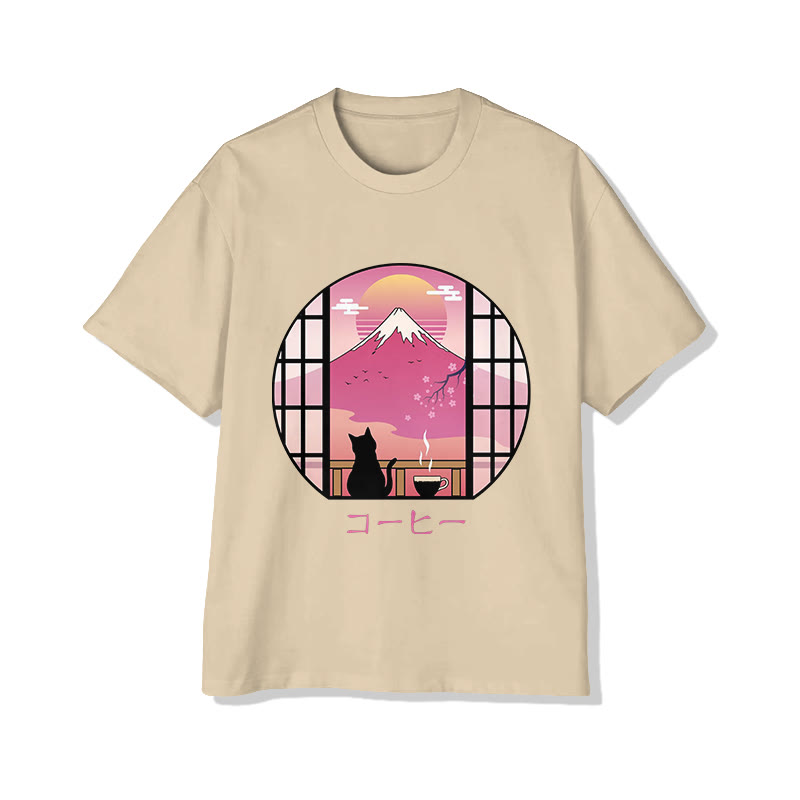 Unisex Japanese Style Cat Pattern Short Sleeved Crew Neck T-Shirt - Apricot - 2XL - image 4