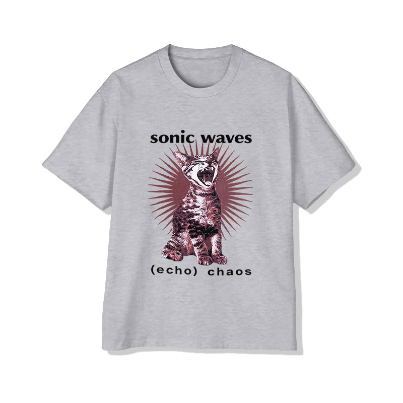 Unisex Like Music Cat  Pattern Short Sleeved Crew Neck T-Shirt - Grey - 2XL - image 2