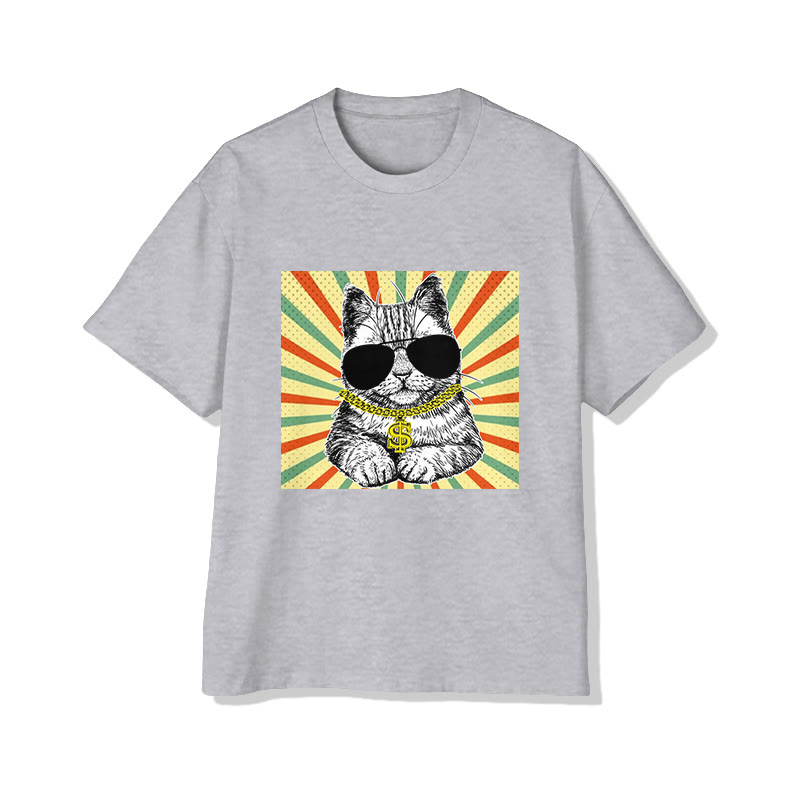 Unisex Wealthy Cat Pattern Short Sleeved Crew Neck T-Shirt - Grey - 2XL - image 2
