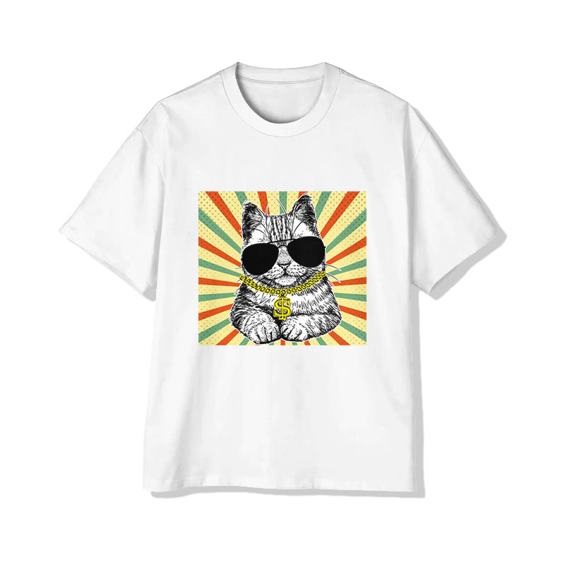 Unisex Wealthy Cat Pattern Short Sleeved Crew Neck T-Shirt - White - 2XL - image 1