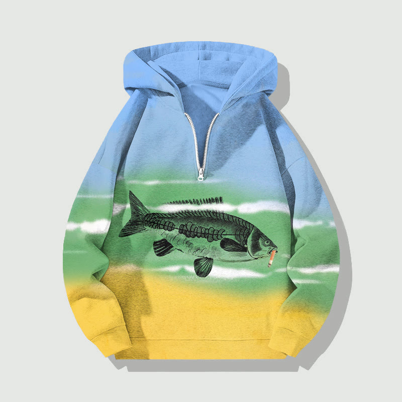 Unisex Fun Fish Art Print Half Zip Hoodie - Blue - US32-34(5XL) - image 1