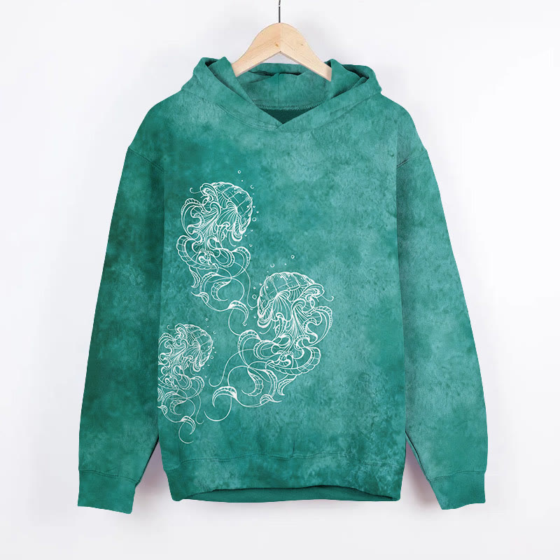 Vintage Chalk Drawing Of Jellyfish Art Print Long Sleeve Hoodie - Green - US44-46(8XL) - image 2