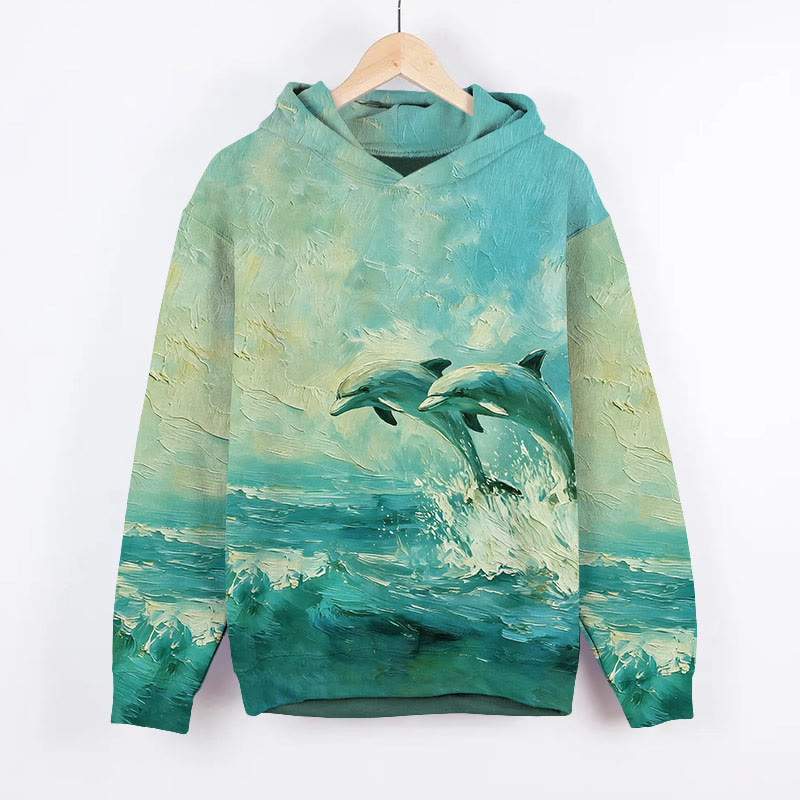 Oil Painting Dolphins Art Print Long Sleeve Hoodie - Green - US44-46(8XL) - image 2