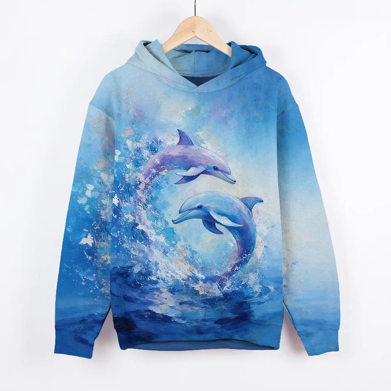 Oil Painting Dancing Dolphin Over The Sea Art Print Long Sleeve Hoodie - Blue - US44-46(8XL) - image 2