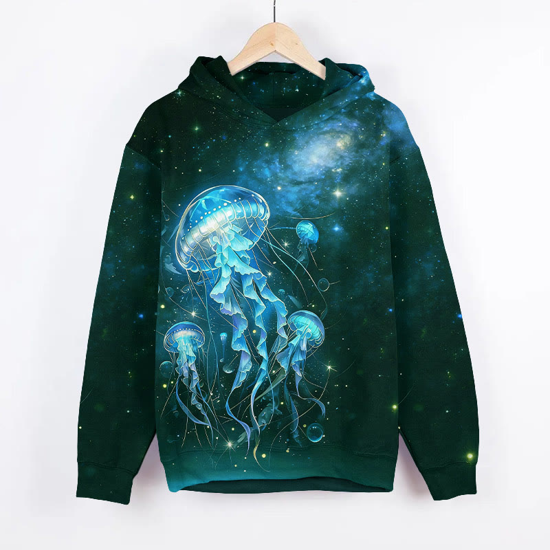 Vintage Glowing Jellyfish In Starry Universe Art Print Long Sleeve Hoodie - Dark Green - US44-46(8XL) - image 2