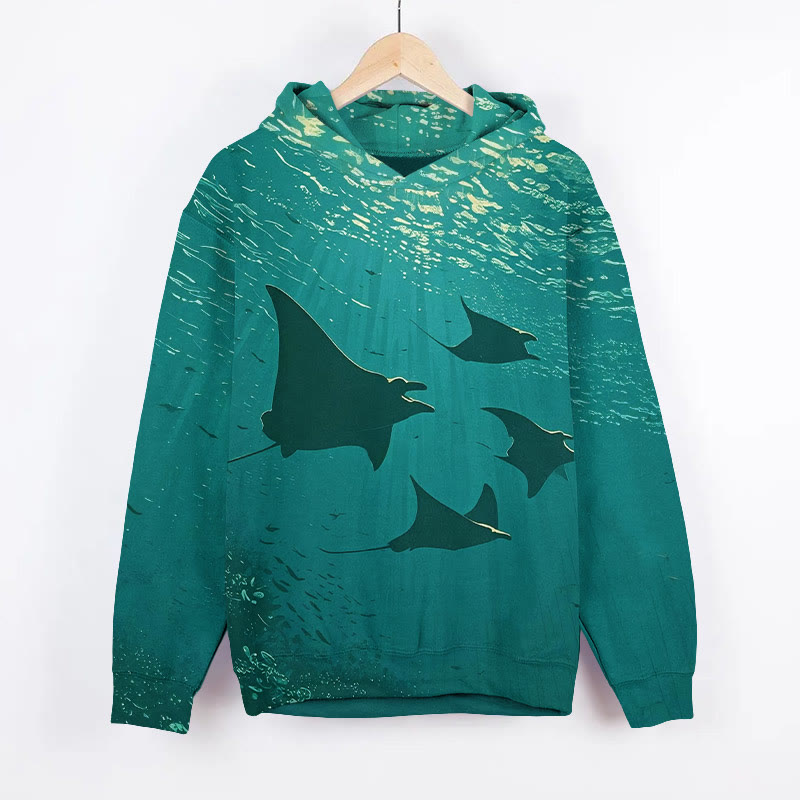 Retro Underwater Ray Art Print Long Sleeve Hoodie - Green - US44-46(8XL) - image 2