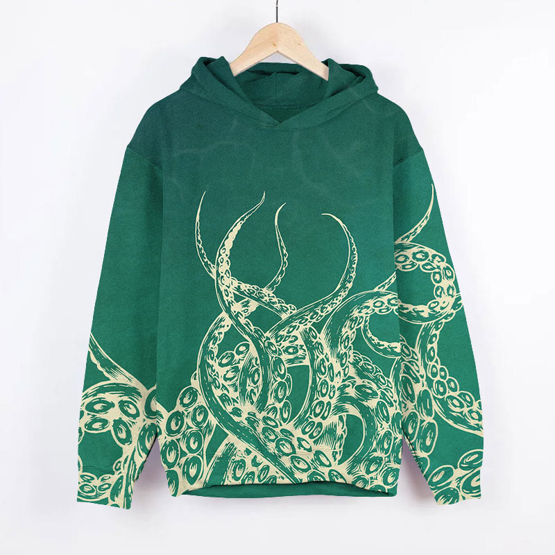 Vintage Watercolor Abstract Octopus Tentacles Art Print Long Sleeve Hoodie - Green - US44-46(8XL) - image 2