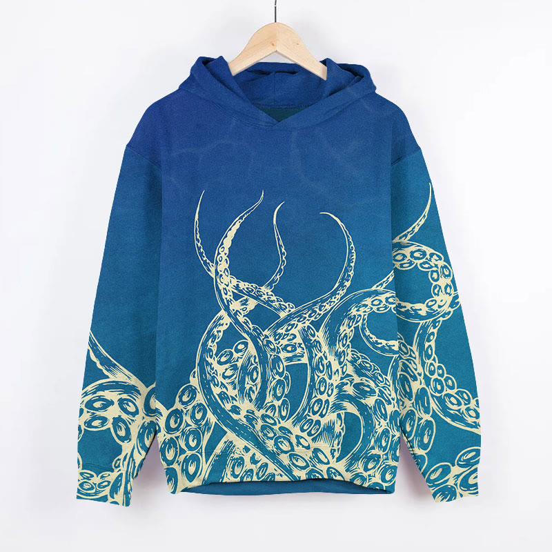 Vintage Watercolor Abstract Octopus Tentacles Art Print Long Sleeve Hoodie - Blue - US44-46(8XL) - image 1