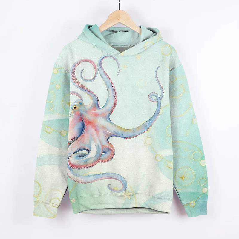 Vintage Colored Octopus Art Print Long Sleeve Hoodie - Light Green - US44-46(8XL) - image 2