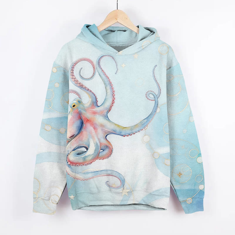 Vintage Colored Octopus Art Print Long Sleeve Hoodie - Light Blue - US44-46(8XL) - image 1